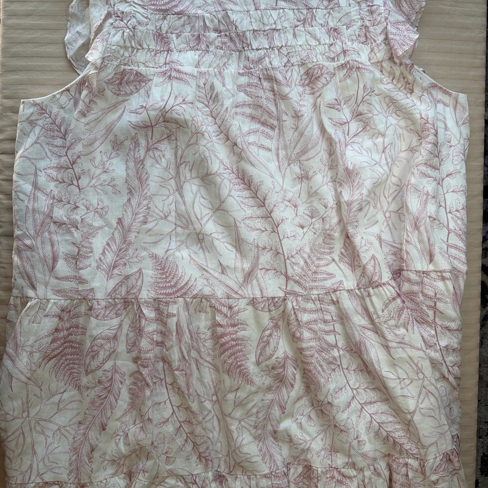 Aura White Pink Leaf Print Ruffle Boho Tiered Sleeveless Dress Size XL